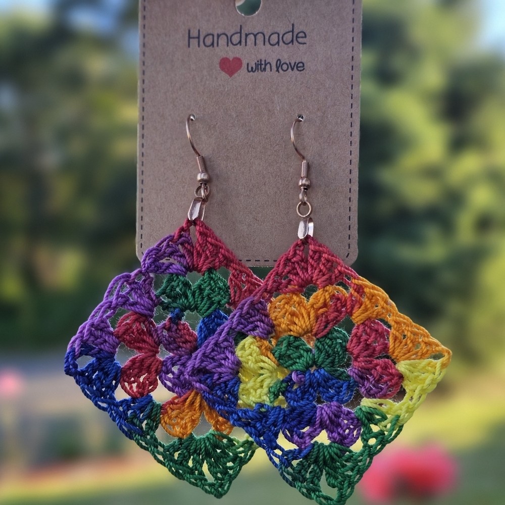 Rainbow Granny square earrings.